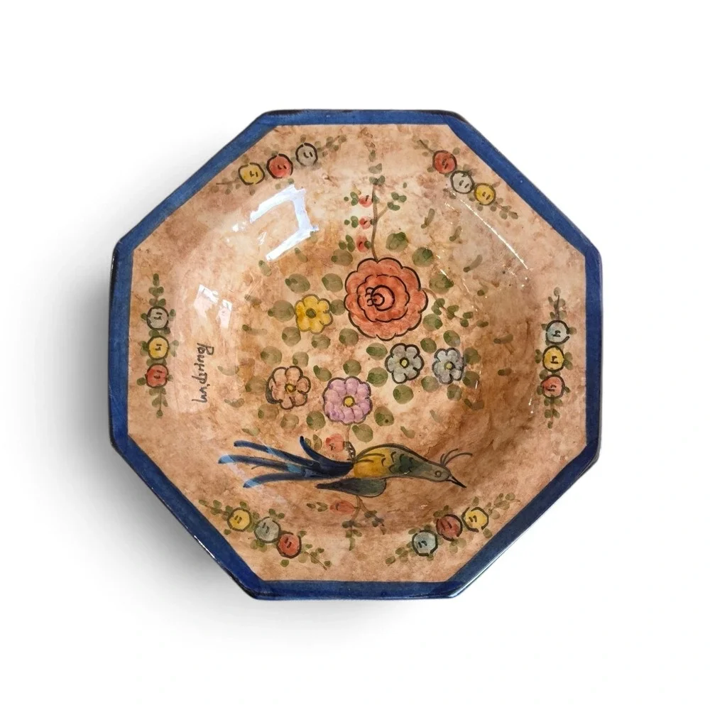 Handpainted wall hanging Mexican Folk Art Terracotta Bowl Bird Floral Talavera